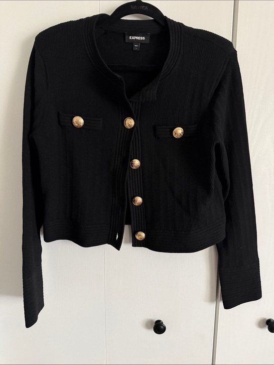 Express Tops - Express Novelty Button Ribbed Cardigan Black Sz L